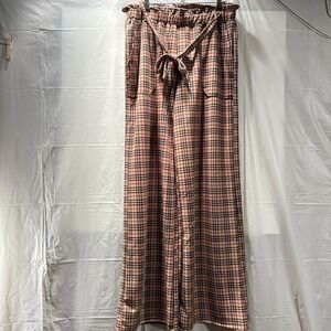 Lark+Grey Women's Tan Plaid Wide Leg Pull On with Tie Dress Pants Size M